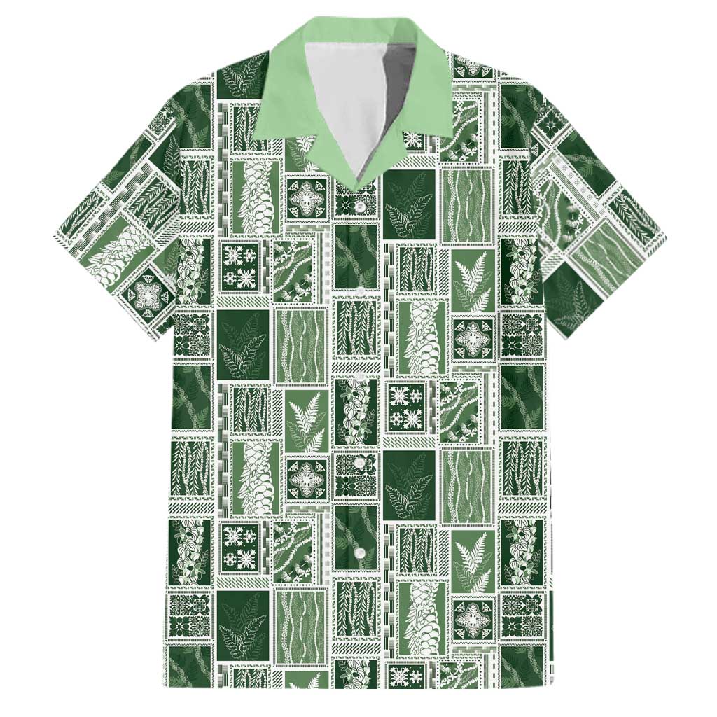 Vintage Aloha Block Quilt Family Matching Off The Shoulder Long Sleeve Dress and Hawaiian Shirt Green Inspired Lei Motifs - Polynesian Pride