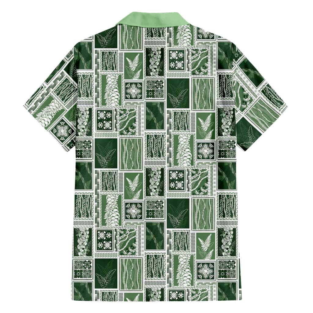 Vintage Aloha Block Quilt Family Matching Off The Shoulder Long Sleeve Dress and Hawaiian Shirt Green Inspired Lei Motifs - Polynesian Pride