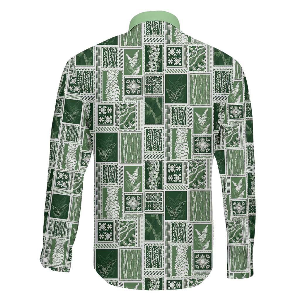 Vintage Aloha Block Quilt Family Matching Off The Shoulder Long Sleeve Dress and Hawaiian Shirt Green Inspired Lei Motifs - Polynesian Pride
