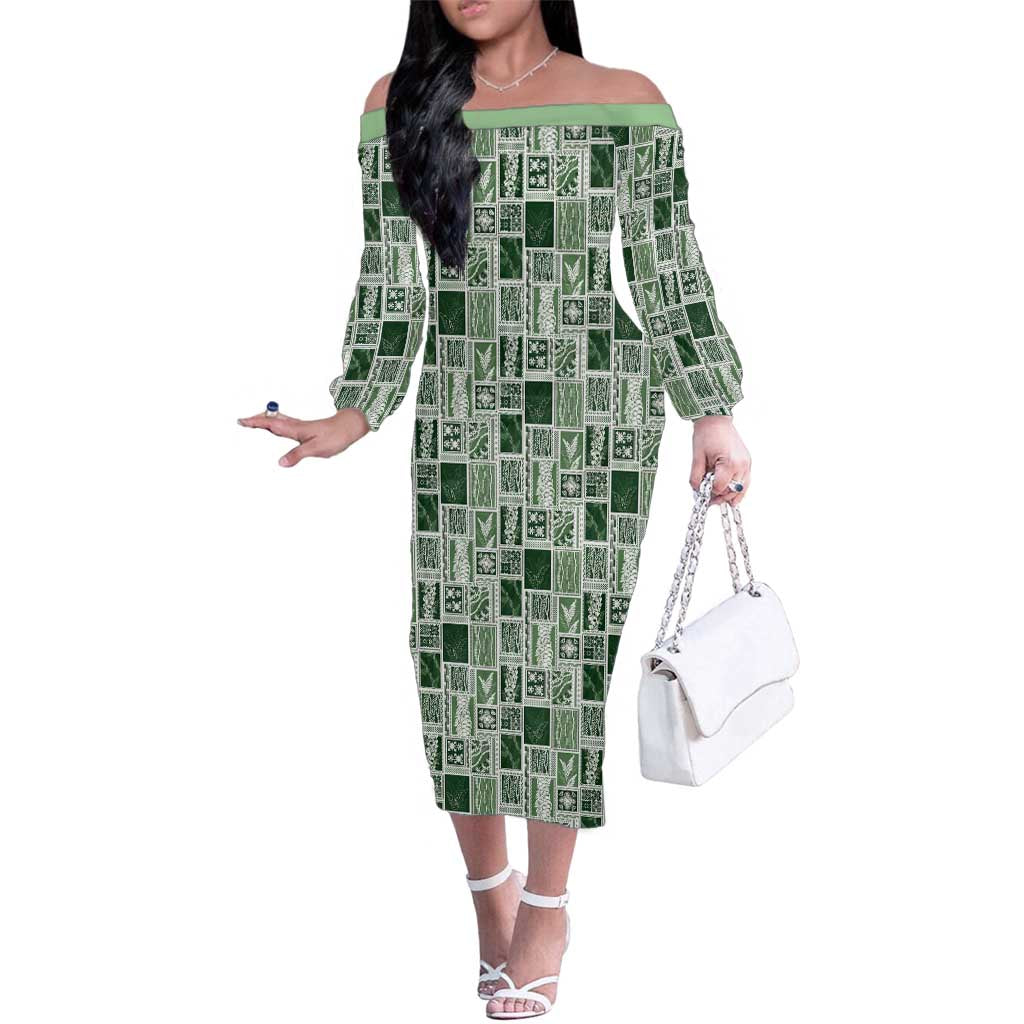 Vintage Aloha Block Quilt Family Matching Off The Shoulder Long Sleeve Dress and Hawaiian Shirt Green Inspired Lei Motifs - Polynesian Pride