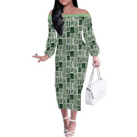 Vintage Aloha Block Quilt Family Matching Off The Shoulder Long Sleeve Dress and Hawaiian Shirt Green Inspired Lei Motifs - Polynesian Pride