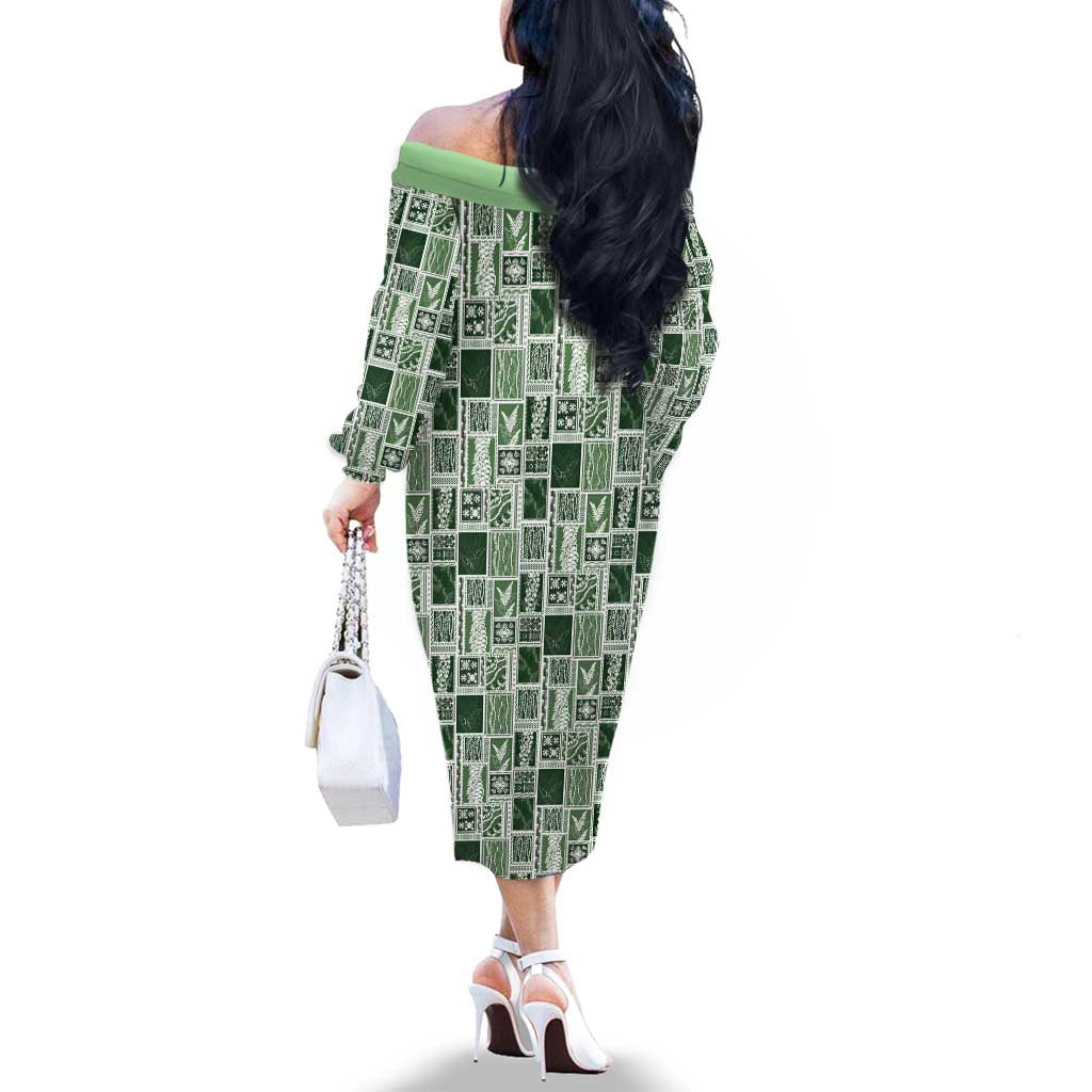 Vintage Aloha Block Quilt Family Matching Off The Shoulder Long Sleeve Dress and Hawaiian Shirt Green Inspired Lei Motifs - Polynesian Pride