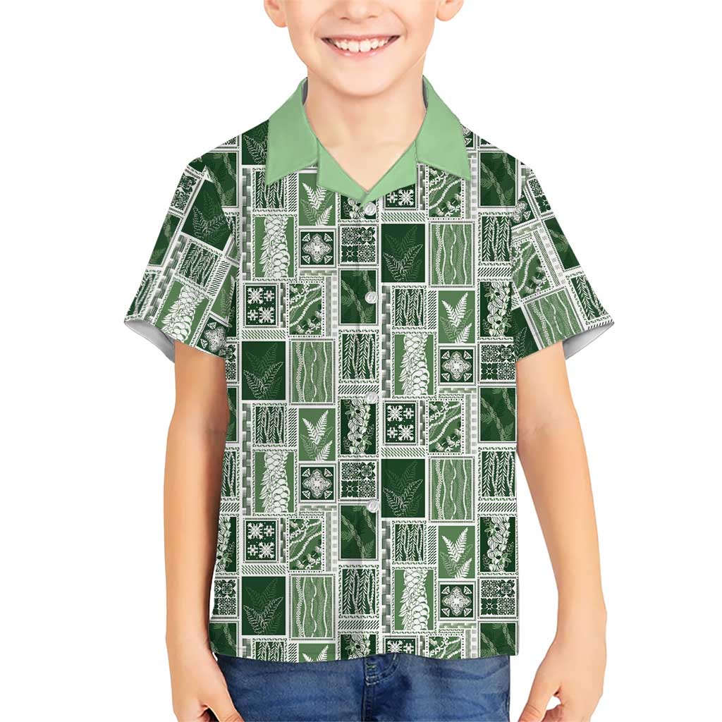 Vintage Aloha Block Quilt Family Matching Off The Shoulder Long Sleeve Dress and Hawaiian Shirt Green Inspired Lei Motifs - Polynesian Pride