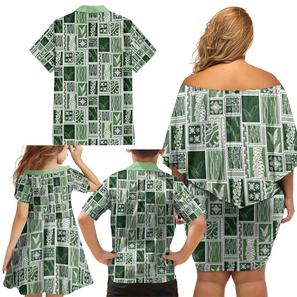 Vintage Aloha Block Quilt Family Matching Off Shoulder Short Dress and Hawaiian Shirt Green Inspired Lei Motifs - Polynesian Pride