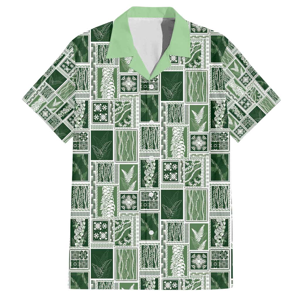 Vintage Aloha Block Quilt Family Matching Off Shoulder Short Dress and Hawaiian Shirt Green Inspired Lei Motifs - Polynesian Pride
