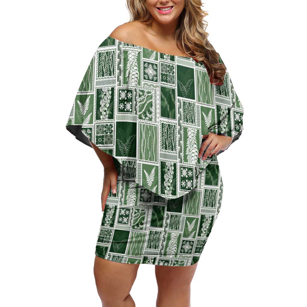 Vintage Aloha Block Quilt Family Matching Off Shoulder Short Dress and Hawaiian Shirt Green Inspired Lei Motifs - Polynesian Pride