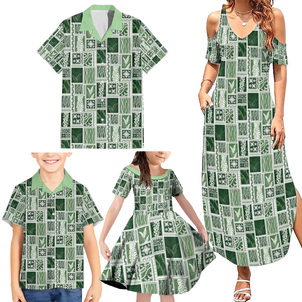 Vintage Aloha Block Quilt Family Matching Summer Maxi Dress and Hawaiian Shirt Green Inspired Lei Motifs - Polynesian Pride