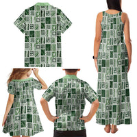 Vintage Aloha Block Quilt Family Matching Tank Maxi Dress and Hawaiian Shirt Green Inspired Lei Motifs - Polynesian Pride
