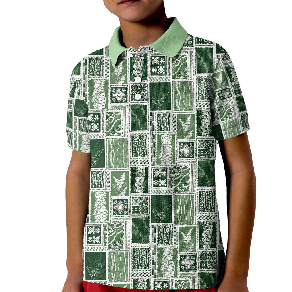 Vintage Aloha Block Quilt Kid Polo Shirt Green Inspired Lei Motifs - Polynesian Pride