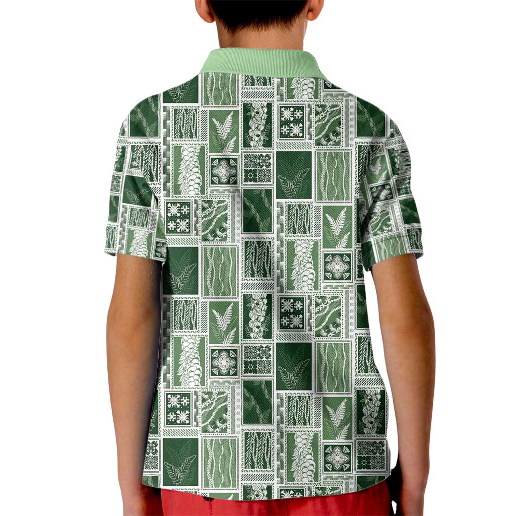 Vintage Aloha Block Quilt Kid Polo Shirt Green Inspired Lei Motifs - Polynesian Pride
