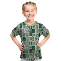 Vintage Aloha Block Quilt Kid T Shirt Green Inspired Lei Motifs - Polynesian Pride