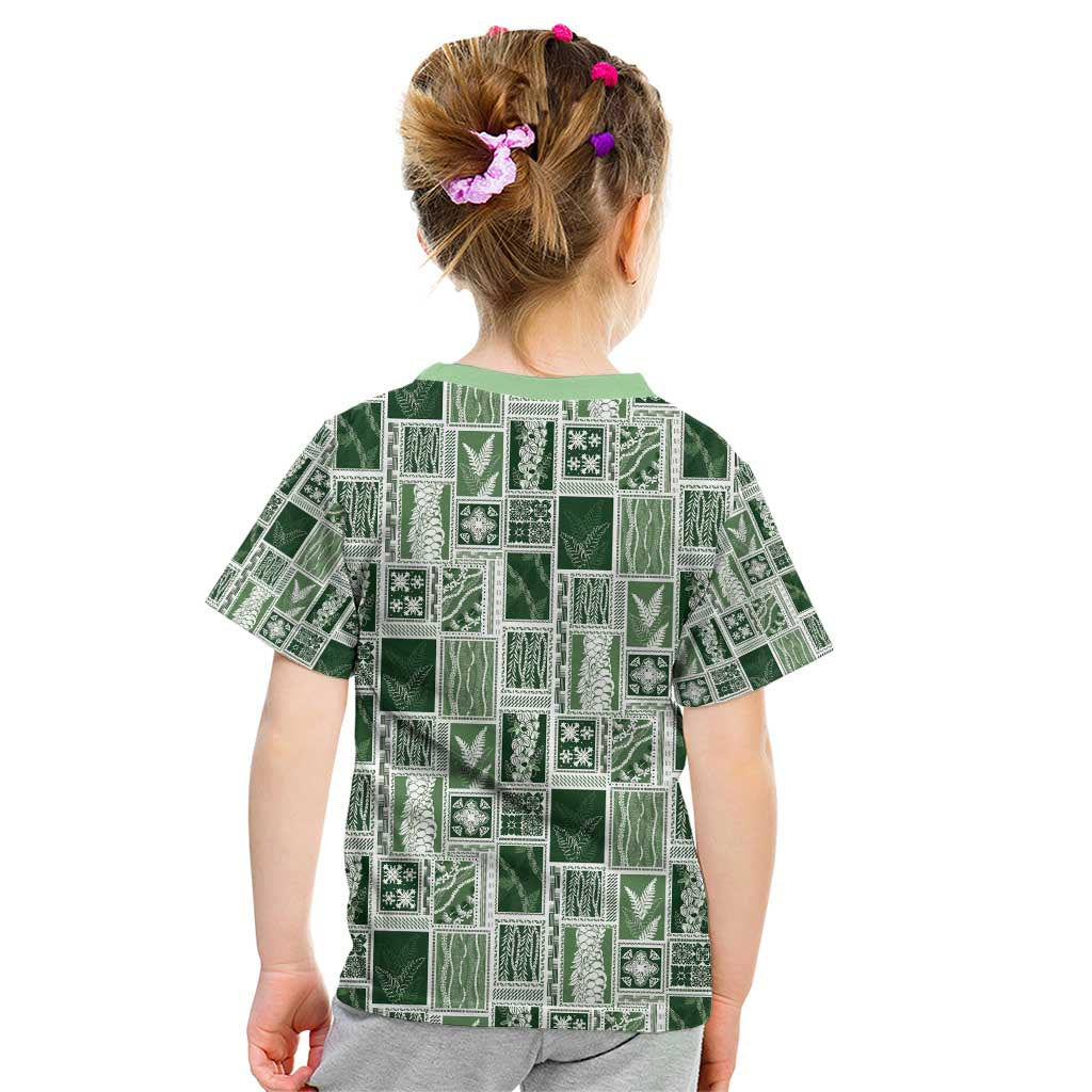 Vintage Aloha Block Quilt Kid T Shirt Green Inspired Lei Motifs - Polynesian Pride