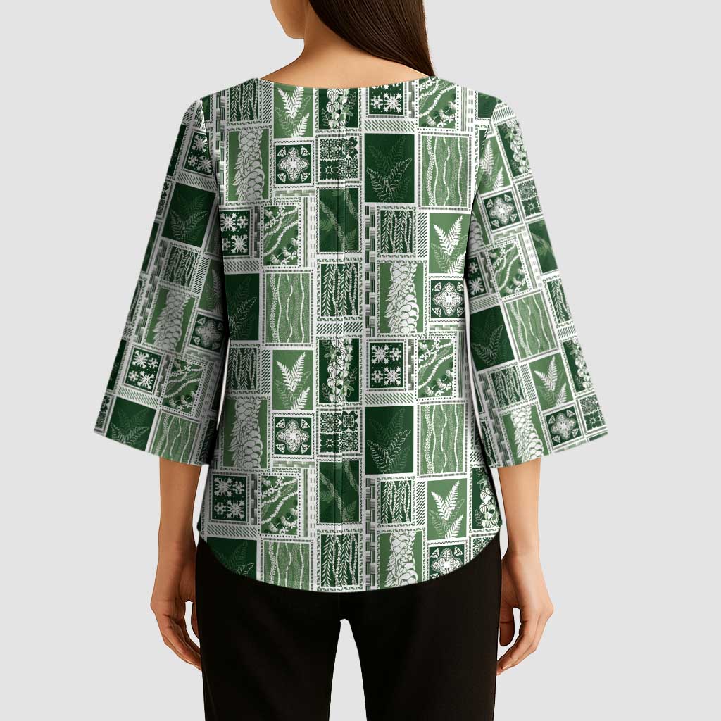 Vintage Aloha Block Quilt Kimono Sleeve Blouse Green Inspired Lei Motifs - Polynesian Pride