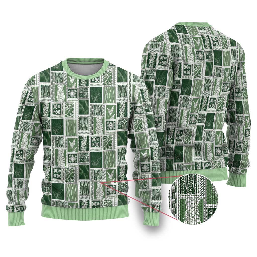 Vintage Aloha Block Quilt Ugly Christmas Sweater Green Inspired Lei Motifs - Polynesian Pride