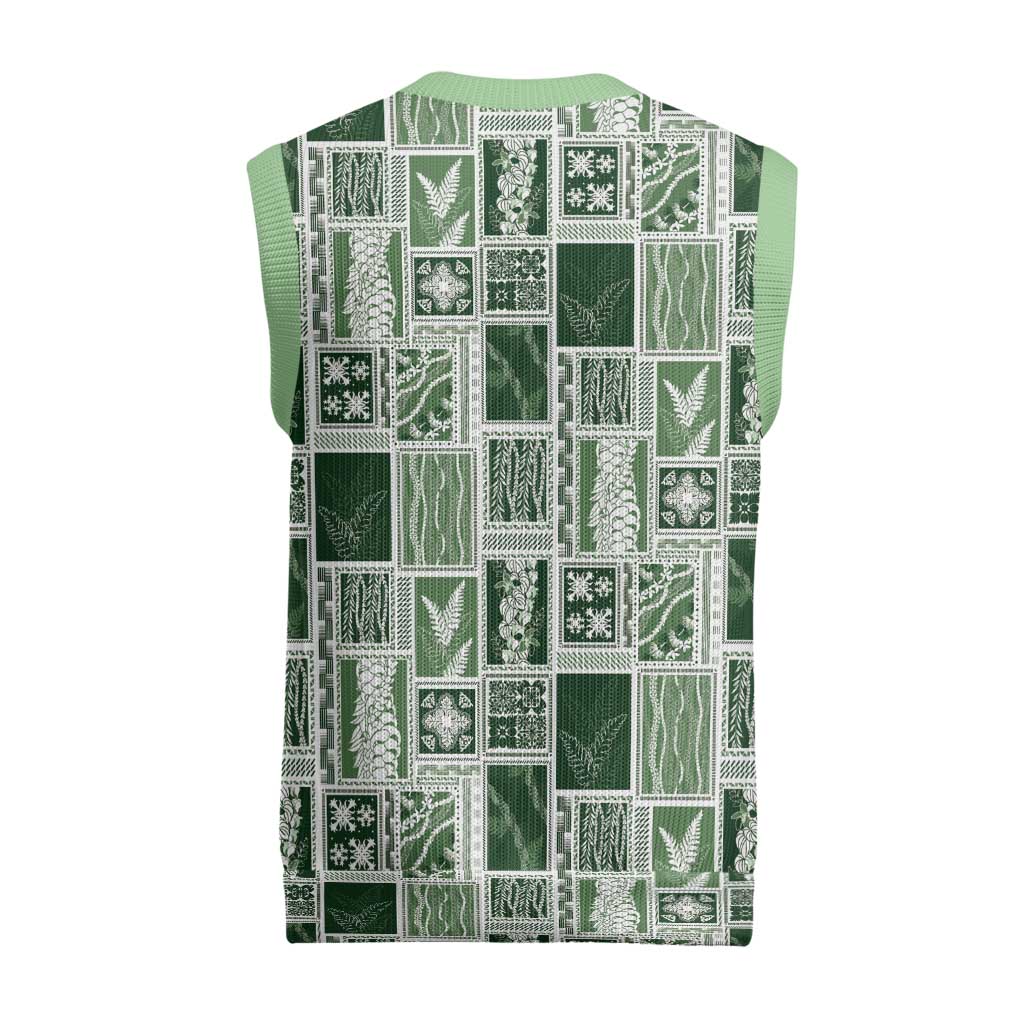 Vintage Aloha Block Quilt Christmas Knitted V-Neck Vest Green Inspired Lei Motifs - Polynesian Pride