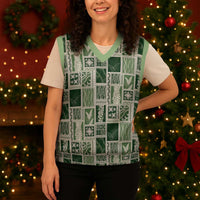 Vintage Aloha Block Quilt Christmas Knitted V-Neck Vest Green Inspired Lei Motifs - Polynesian Pride