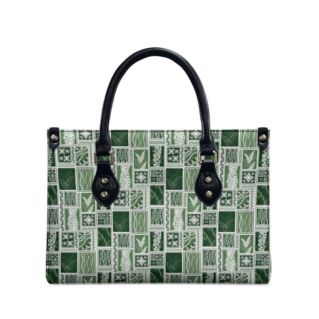 Vintage Aloha Block Quilt Leather Bag Green Inspired Lei Motifs - Polynesian Pride