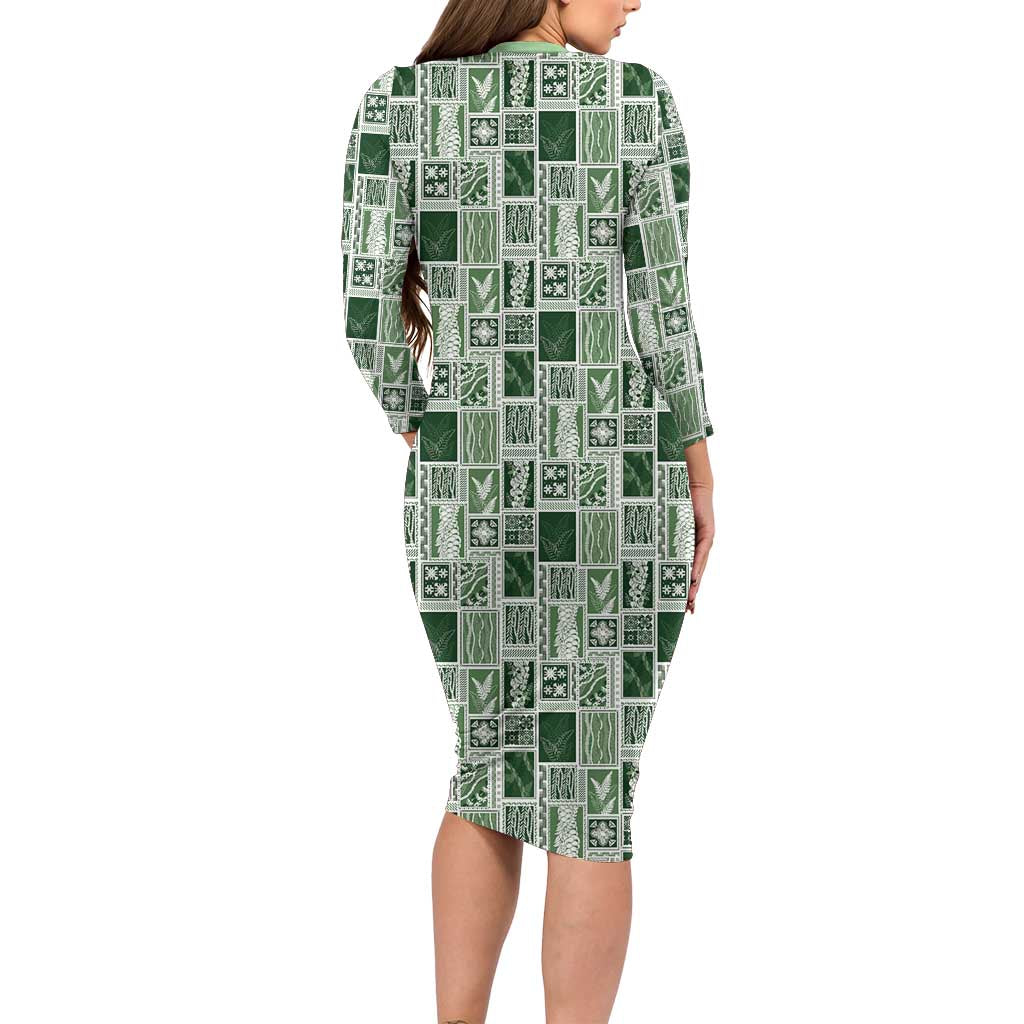Vintage Aloha Block Quilt Long Sleeve Bodycon Dress Green Inspired Lei Motifs - Polynesian Pride