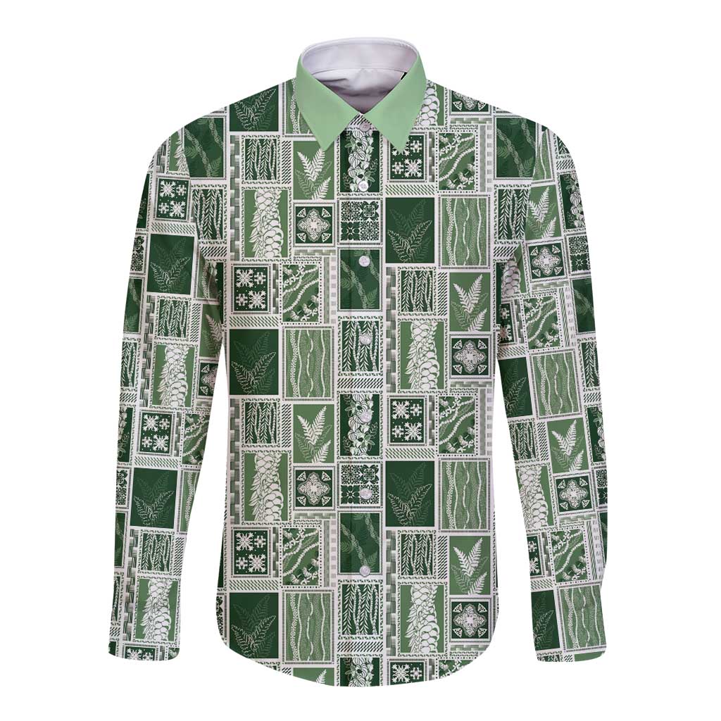 Vintage Aloha Block Quilt Long Sleeve Button Shirt Green Inspired Lei Motifs - Polynesian Pride