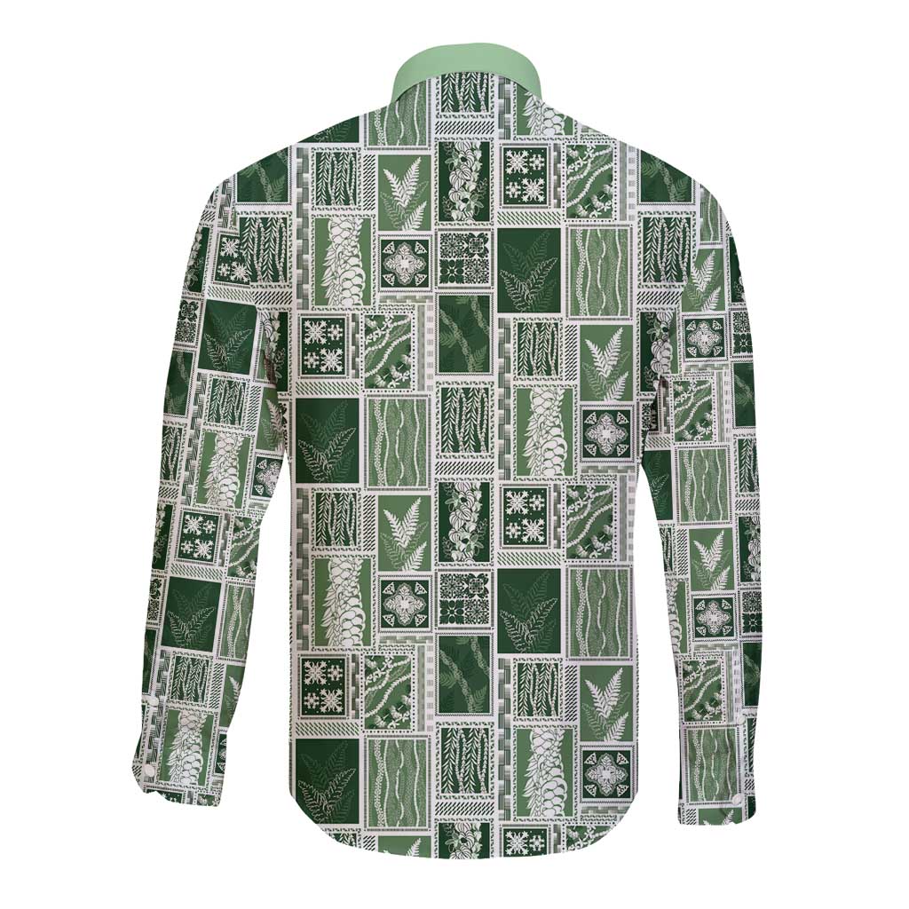 Vintage Aloha Block Quilt Long Sleeve Button Shirt Green Inspired Lei Motifs - Polynesian Pride