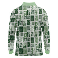 Vintage Aloha Block Quilt Long Sleeve Polo Shirt Green Inspired Lei Motifs - Polynesian Pride