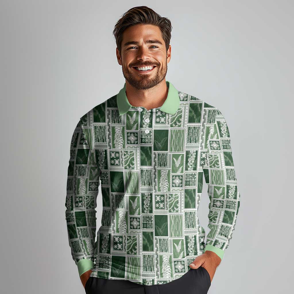 Vintage Aloha Block Quilt Long Sleeve Polo Shirt Green Inspired Lei Motifs - Polynesian Pride