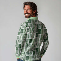 Vintage Aloha Block Quilt Long Sleeve Polo Shirt Green Inspired Lei Motifs - Polynesian Pride
