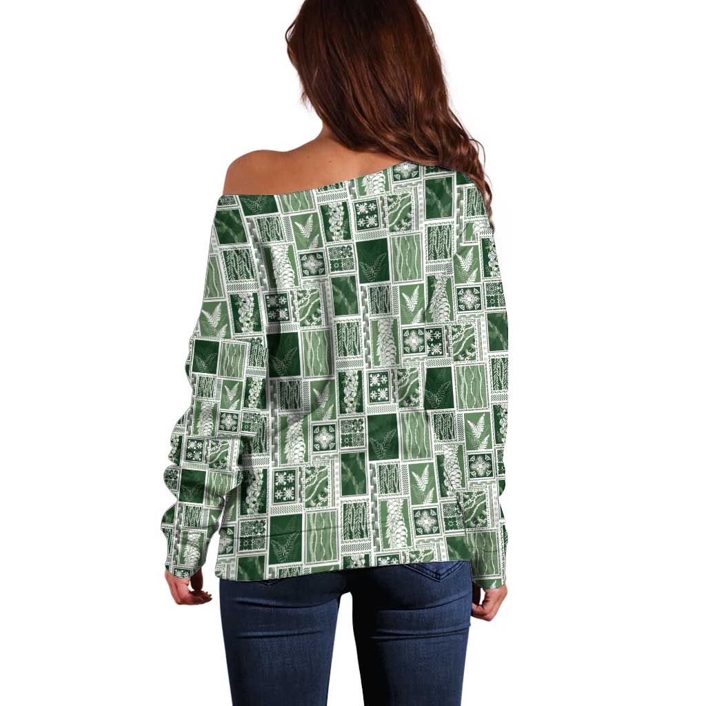 Vintage Aloha Block Quilt Off Shoulder Sweater Green Inspired Lei Motifs - Polynesian Pride