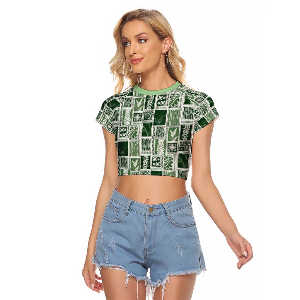Vintage Aloha Block Quilt Raglan Cropped T Shirt Green Inspired Lei Motifs - Polynesian Pride