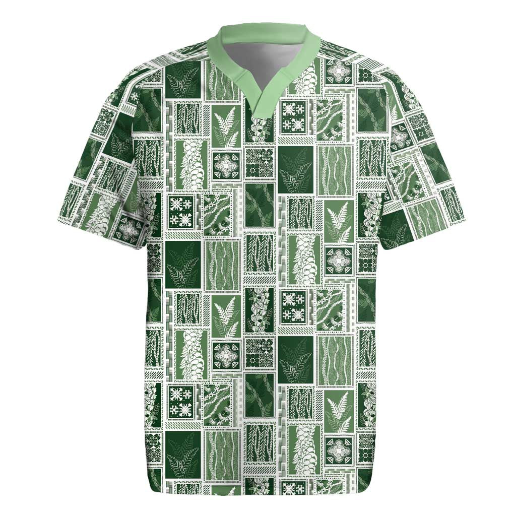 Vintage Aloha Block Quilt Rugby Jersey Green Inspired Lei Motifs - Polynesian Pride