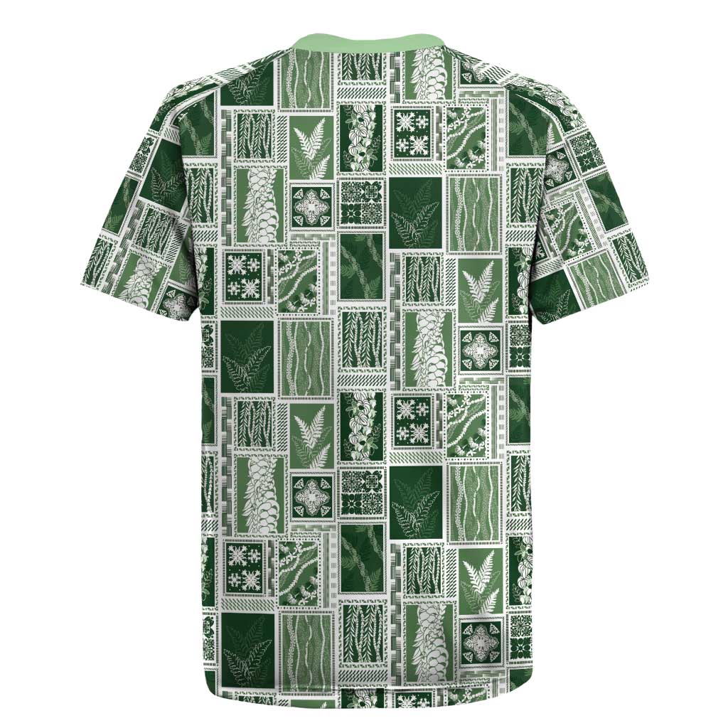 Vintage Aloha Block Quilt Rugby Jersey Green Inspired Lei Motifs - Polynesian Pride