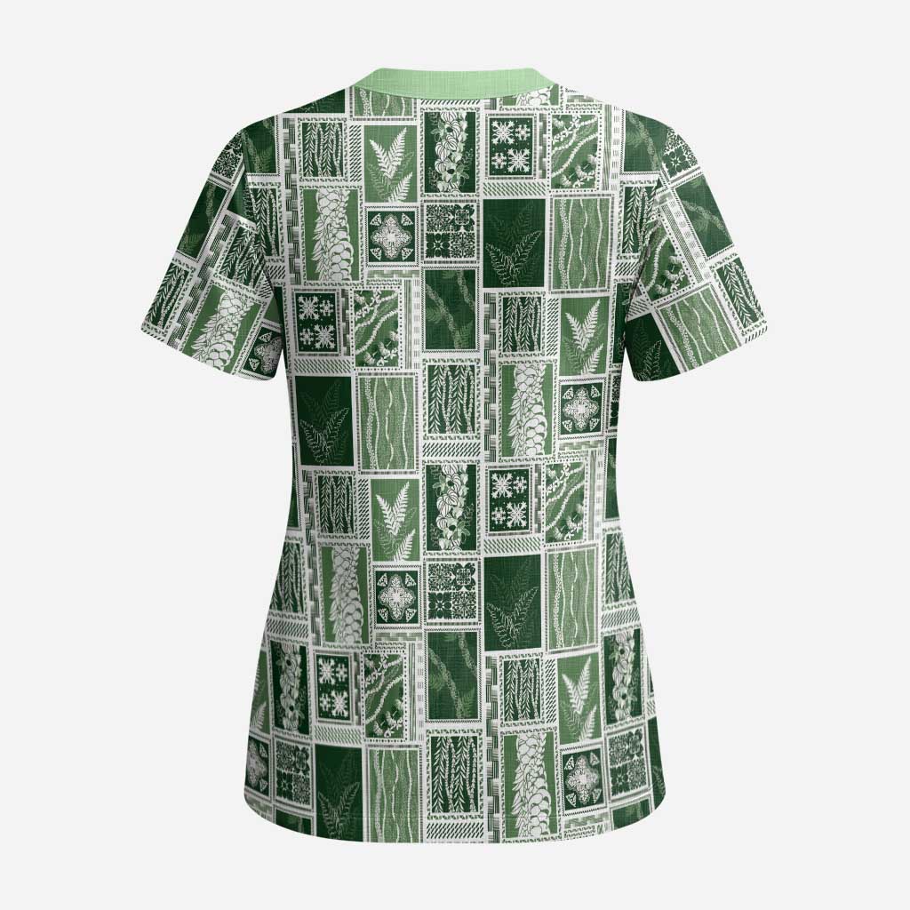 Vintage Aloha Block Quilt Scrub Top Green Inspired Lei Motifs - Polynesian Pride