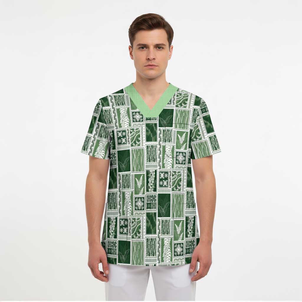 Vintage Aloha Block Quilt Scrub Top Green Inspired Lei Motifs - Polynesian Pride