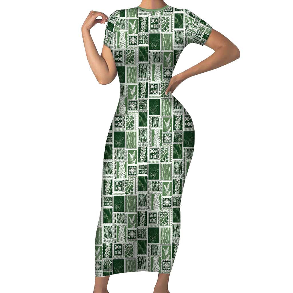 Vintage Aloha Block Quilt Short Sleeve Bodycon Dress Green Inspired Lei Motifs - Polynesian Pride