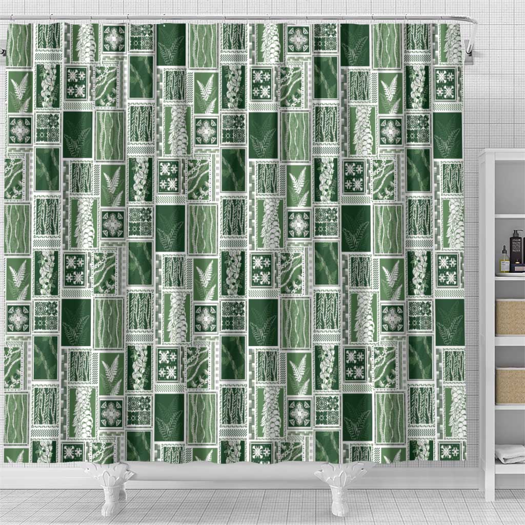 Vintage Aloha Block Quilt Shower Curtain Green Inspired Lei Motifs - Polynesian Pride