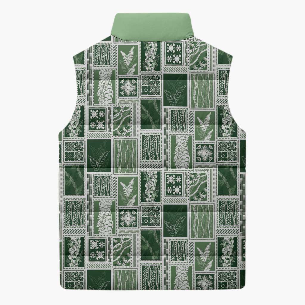 Vintage Aloha Block Quilt Sleeveless Puffer Jacket Green Inspired Lei Motifs - Polynesian Pride