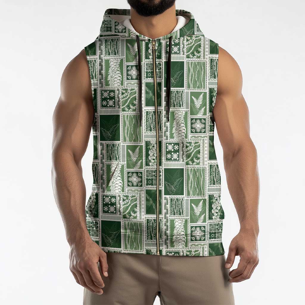 Vintage Aloha Block Quilt Sleeveless Zip Hoodie Green Inspired Lei Motifs - Polynesian Pride