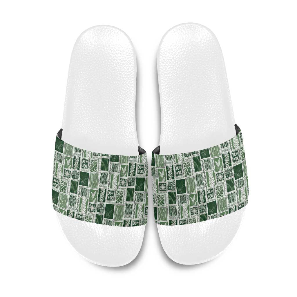 Vintage Aloha Block Quilt Slide Sandals Green Inspired Lei Motifs - Polynesian Pride