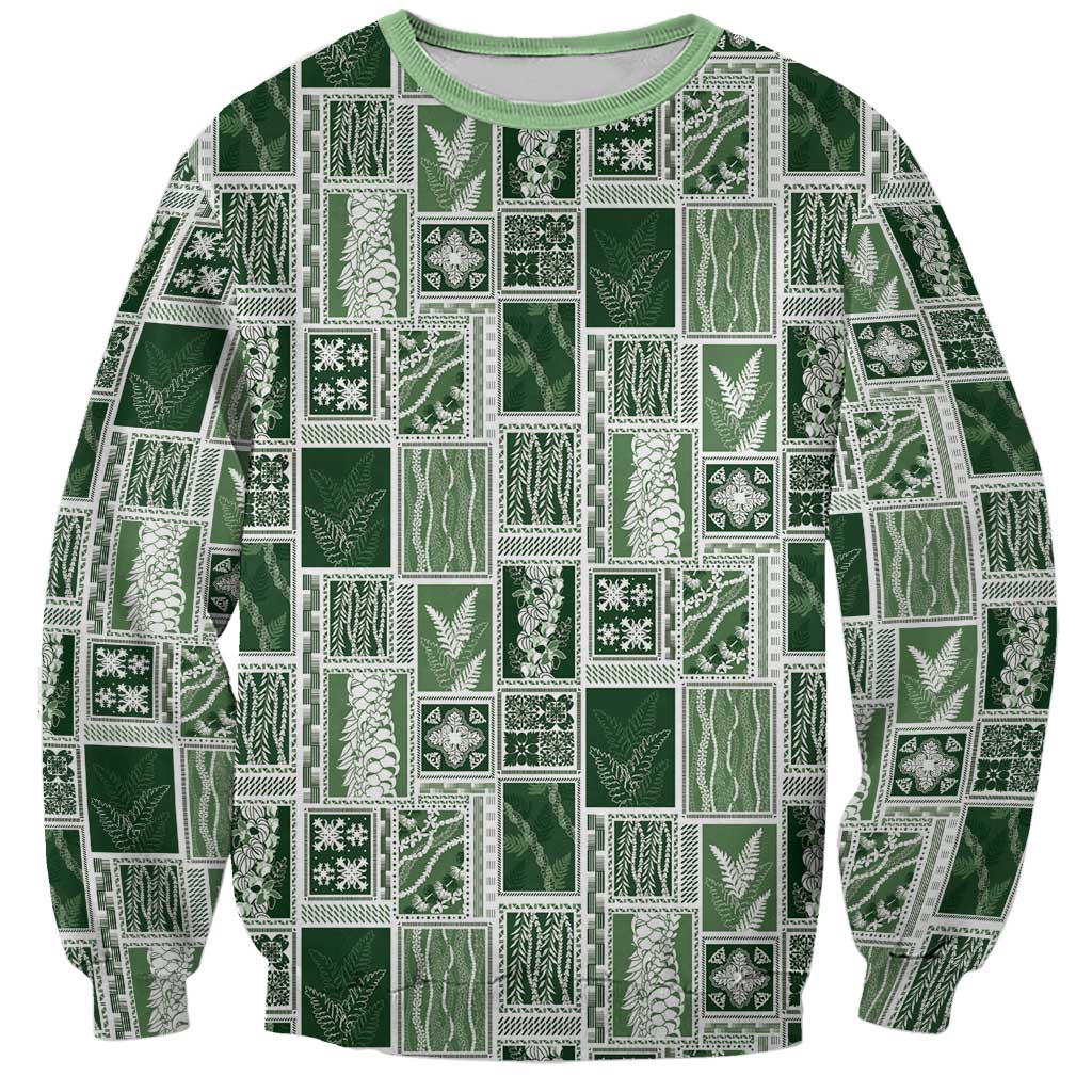 Vintage Aloha Block Quilt Sweatshirt Green Inspired Lei Motifs - Polynesian Pride
