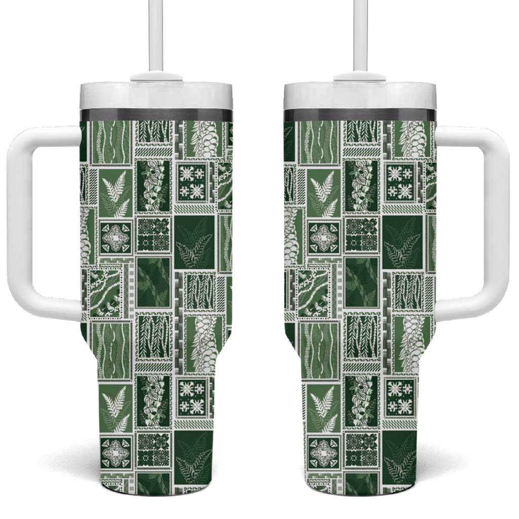 Vintage Aloha Block Quilt Tumbler With Handle Green Inspired Lei Motifs LT9 One Size: 40 oz Green - Polynesian Pride