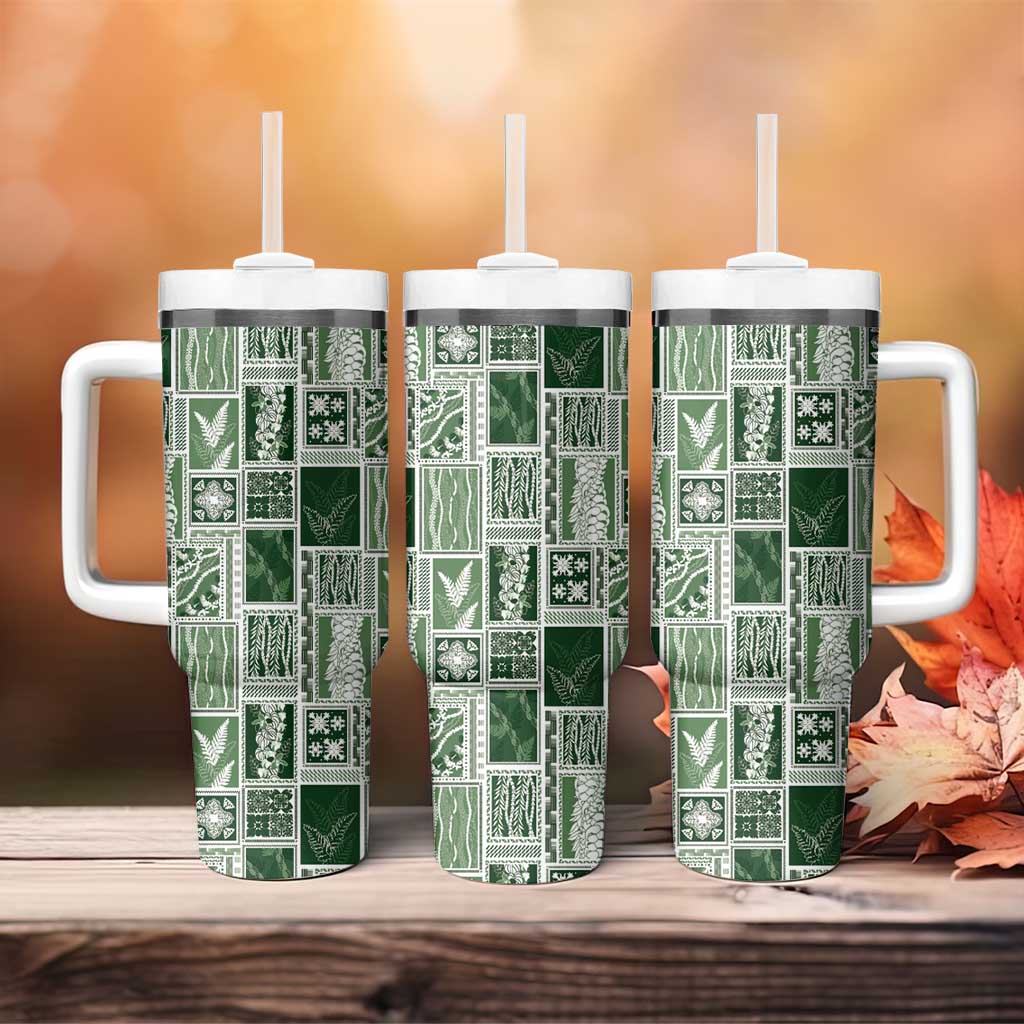 Vintage Aloha Block Quilt Tumbler With Handle Green Inspired Lei Motifs LT9 - Polynesian Pride