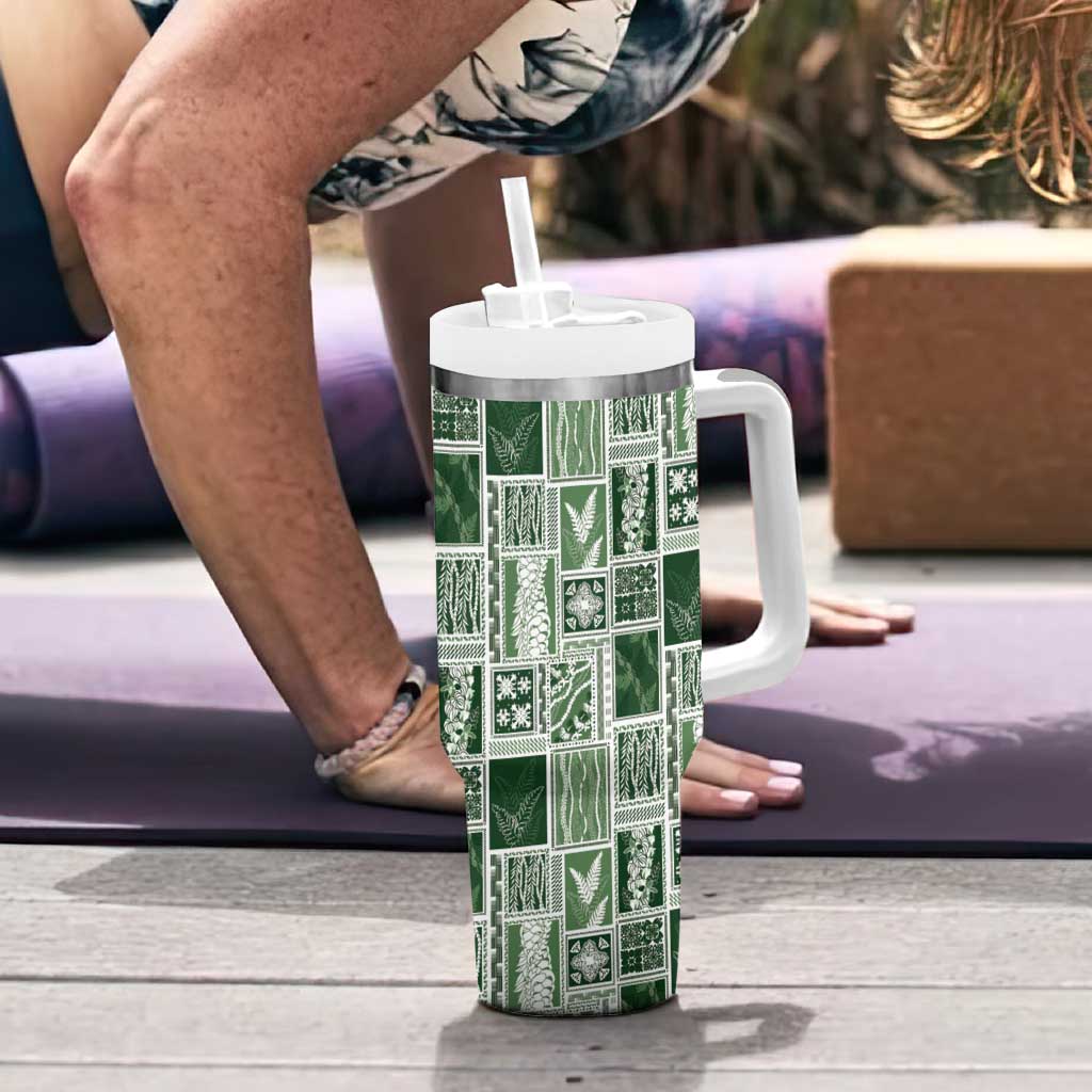 Vintage Aloha Block Quilt Tumbler With Handle Green Inspired Lei Motifs LT9 - Polynesian Pride