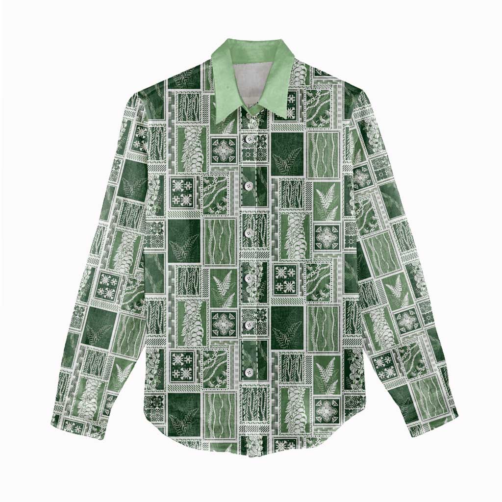 Vintage Aloha Block Quilt Women Casual Shirt Green Inspired Lei Motifs - Polynesian Pride