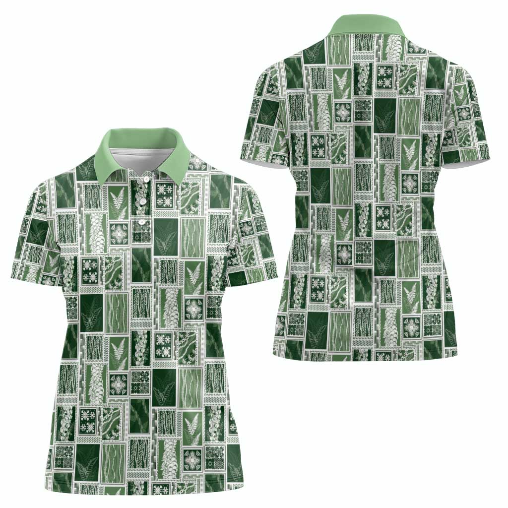 Vintage Aloha Block Quilt Women Polo Shirt Green Inspired Lei Motifs - Polynesian Pride