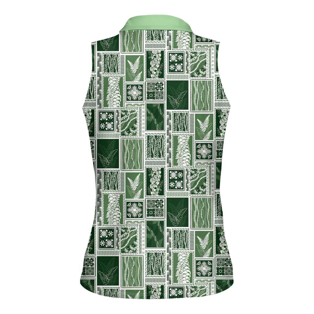 Vintage Aloha Block Quilt Women Sleeveless Polo Shirt Green Inspired Lei Motifs - Polynesian Pride