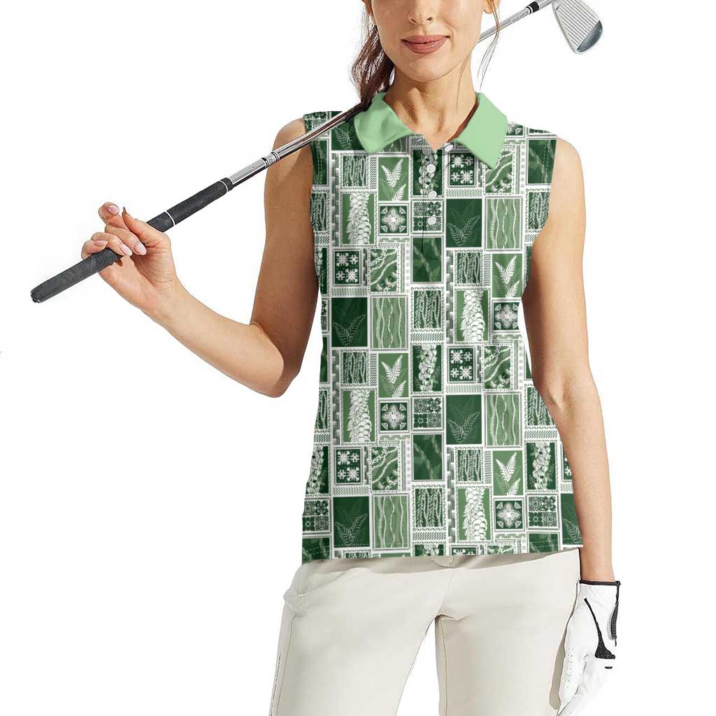 Vintage Aloha Block Quilt Women Sleeveless Polo Shirt Green Inspired Lei Motifs - Polynesian Pride
