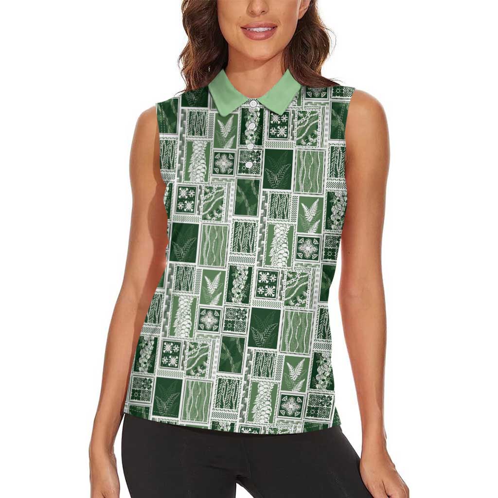 Vintage Aloha Block Quilt Women Sleeveless Polo Shirt Green Inspired Lei Motifs - Polynesian Pride