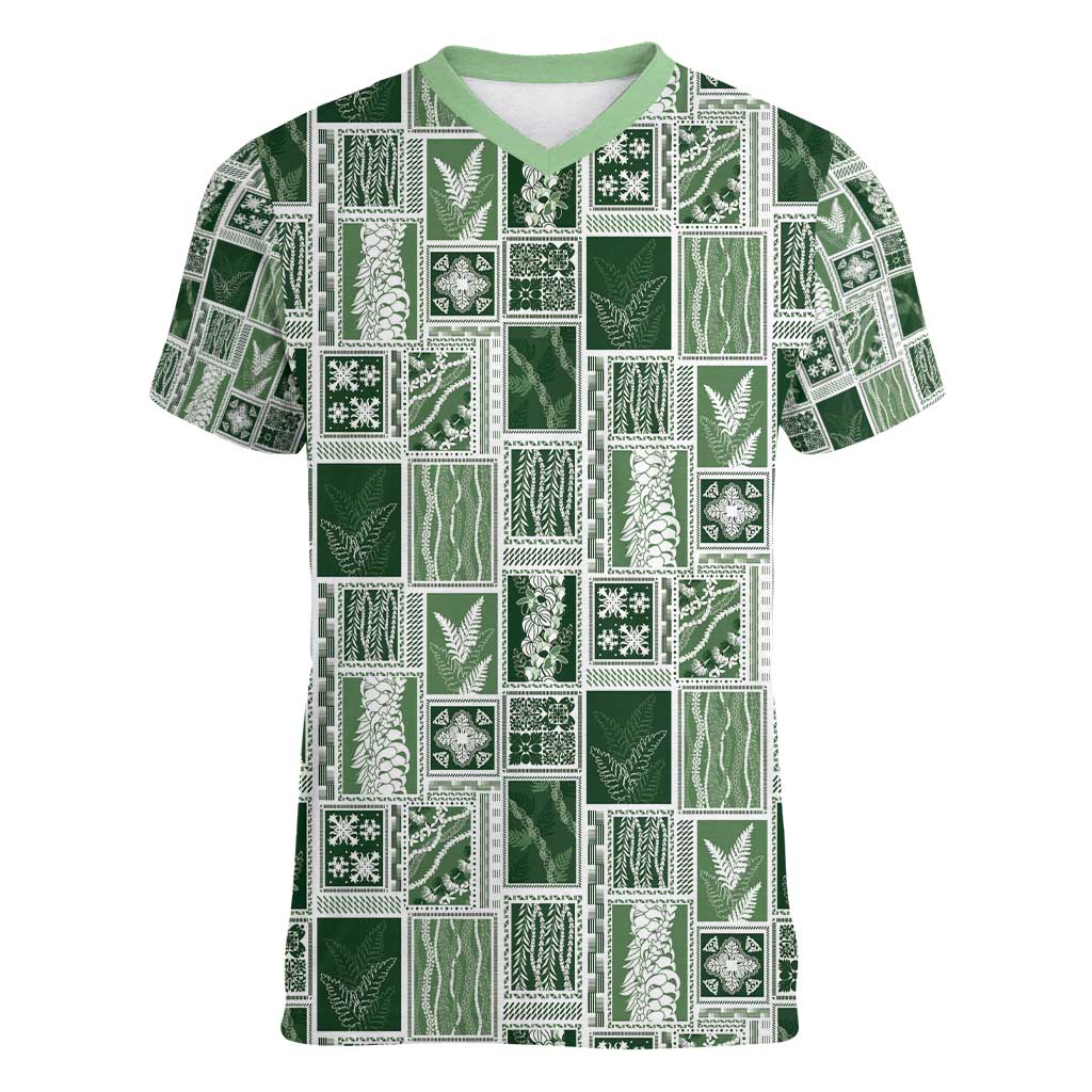 Vintage Aloha Block Quilt Women V-Neck T-Shirt Green Inspired Lei Motifs - Polynesian Pride