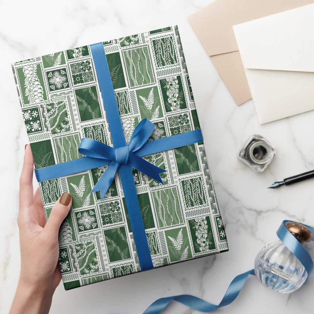 Vintage Aloha Block Quilt Wrapping Paper Green Inspired Lei Motifs - Polynesian Pride