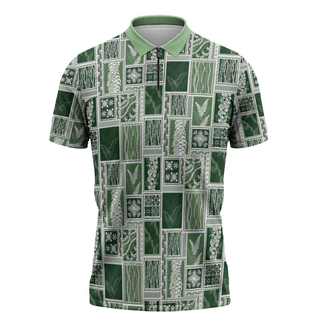 Vintage Aloha Block Quilt Zipper Polo Shirt Green Inspired Lei Motifs - Polynesian Pride